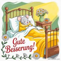 Eine süße Maus genießt ihre Genesungszeit mit einer warmen Tasse Tee im Bett.