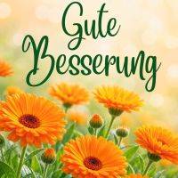 Grußkarte mit orangefarbenen Ringelblumen und dem Wunsch nach schneller Genesung