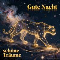 Sternenhimmel mit golden leuchtendem Sternbild eines Panthers und Grußtext „Gute Nacht, schöne Träume“