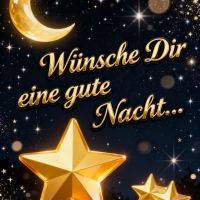 Goldener Mond und Sterne am Nachthimmel, dazu Grußtext „Wünsche dir eine gute Nacht...“