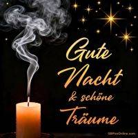 Rauchende Kerze vor dunklem Hintergrund mit Sternen und Gruß „Gute Nacht & schöne Träume“