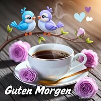 Zwei süße Vögelchen kuscheln über einer dampfenden Kaffeetasse, umgeben von zarten Rosen und Herzen.
