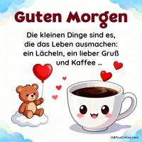 Guten-Morgen-Gruß mit Teddybär auf Wolke, Herzballon und lächelnder Kaffeetasse mit Herzen