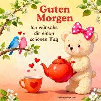 Teddybär mit rosa Schleife schenkt Tee ein, zwei Vögel auf blühendem Ast und Herzen