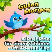 Niedlicher blauer Vogel sitzt auf einem Ast mit grünen Blättern, bunter Hintergrund und Morgengruß