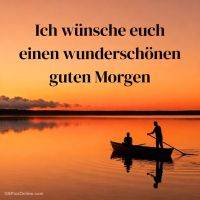 Sonnenaufgang über einem ruhigen See, Silhouetten von zwei Personen in einem Ruderboot, Grußtext darüber