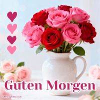 Strauß aus rosa und roten Rosen in weißer Vase, daneben vier Herzsymbole