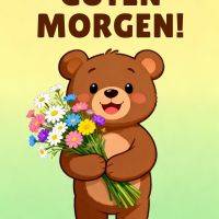 Niedlicher Teddybär hält einen bunten Blumenstrauß vor gelbem Hintergrund mit Grußtext