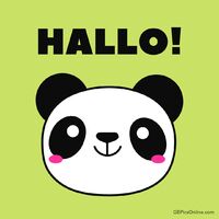 Ein freundlicher Panda begrüßt Sie mit einem strahlenden Lächeln auf hellgrünem Hintergrund.