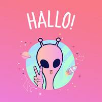 Ein freundlicher Außerirdischer sendet friedliche Grüße aus dem Weltall.