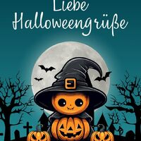 Ein Kürbisgeist begrüßt die mystische Nacht, umgeben von Fledermäusen und dem Vollmond.