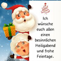 Santa und Mrs. Claus grüßen fröhlich in einem winterlichen Weihnachtsmotiv.