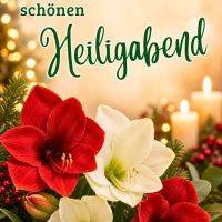 Weihnachtlicher Gruß mit roten und weißen Amaryllis, Kerzen und Lichterglanz im Hintergrund