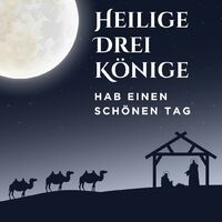 Silhouetten der Heiligen Drei Könige folgen einem Stern zur Krippe unter einem leuchtenden Vollmond.