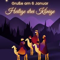 Die Heiligen Drei Könige ziehen unter einem funkelnden Nachthimmel durch die Berge.