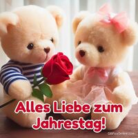 Zwei süße Teddys feiern ihre Liebe mit einer romantischen Rose.