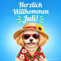 Hund mit Sonnenhut, roter Sonnenbrille und Hawaiihemd vor blauem Hintergrund mit Grußtext