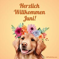 Ein fröhlicher Hund begrüßt den Sommer mit einem bunten Blumenkranz.