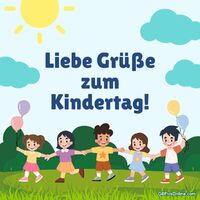 Fröhliche Kinder feiern den Kindertag unter einem strahlenden Sonnenschein.