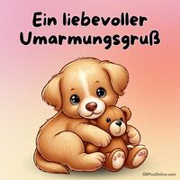 Ein kleiner Welpe findet Trost und Freude in der Umarmung seines plüschigen Freundes.