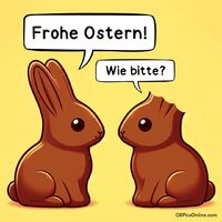 Zwei Schokoladenhasen teilen sich einen lustigen Ostergruß.