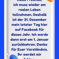 Texttafel mit Ankündigung einer Facebook-Pause bis 1. Januar, mit Glocke und Megafon auf blauem Hintergrund