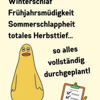 Cartoon-Ente neben Checkliste; Text über Jahresplan 2026 mit Winterschlaf, Müdigkeit und Herbsttief