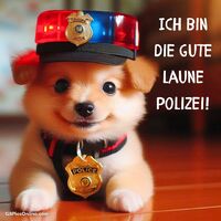 Dieses niedliche Polizei-Hündchen bringt mit seinem frechen Blick sofort ein Lächeln ins Gesicht.