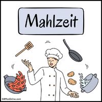 Ein Koch jongliert geschickt mit Küchenutensilien und Zutaten, bereit für eine kreative Kochsession.