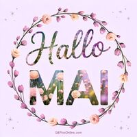 Ein blumiger Kranz umrahmt den fröhlichen Gruß zum Monat Mai. Die Farben und Blumen stimmen auf den Frühling ein.