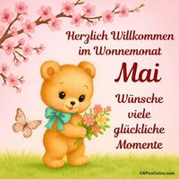 Ein niedlicher Bär mit Blumenstrauß begrüßt den Frühling unter blühenden Kirschzweigen. Ein Schmetterling flattert fröhlich daneben.