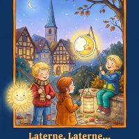 Drei Kinder mit Laternen in Herbstabendstimmung vor Fachwerkhäusern und Kirchturm; Sonne und Mond lächeln
