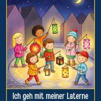 Kinder laufen nachts mit bunten Laternen durch eine Straße, Sterne und Mond am Himmel