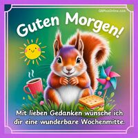 Ein fröhliches Eichhörnchen genießt einen sonnigen Tag mit Kaffee und Keksen.