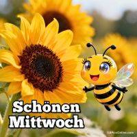 Sonnenblume mit lächelnder Cartoon-Biene und Gruß „Schönen Mittwoch“