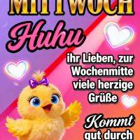 Buntes Mittwoch-Grußmotiv mit Herzen und einem süßen gelben Küken mit lila Schleife