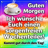 Kaffeetasse mit Herz-Latte-Art vor buntem Himmel und Grußtext „Guten Morgen“