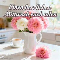 Blumenstrauß in weißer Vase auf Tisch, daneben Teetasse und Gruß „Einen herrlichen Mittwoch euch allen“