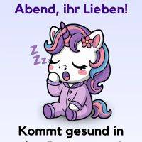 Schlafendes Einhorn im Pyjama mit Zzz, dazu Grußtext für einen schönen Abend und Donnerstag