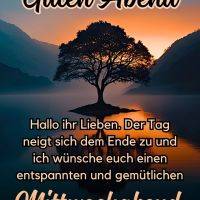 Baum-Silhouette auf kleinem Inselchen im See bei Sonnenuntergang, Berge im Hintergrund und Grußtext