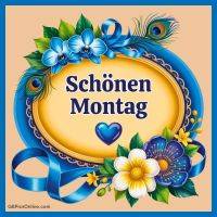 Grußkarte mit „Schönen Montag“, umrahmt von Blumen, Pfauenfedern und blauem Band, mit Herzsymbol