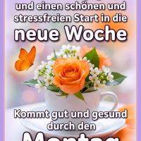 Montagsgruß mit Tasse voller Blumen, orangefarbener Rose und Schmetterling; Wunsch für stressfreien Wochenstart