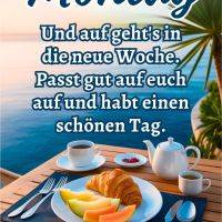Frühstück auf der Terrasse mit Meerblick, Croissant und Obst; dazu Montagsgruß: „Guten Morgen, schöne Woche!“
