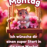 Süße Maus auf einer Holzschaukel zwischen rosa Blüten; Text: „Montag - Ich wünsche dir einen super Start in die neue Woche!“