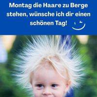 Witziger Montaggruß: Kind mit wild abstehenden Haaren vor blauem Textfeld, dazu ein Smiley