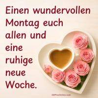 Montagsgruß mit Herzschale, Kaffee im Herzbecher und rosa Rosen; Wunsch: ruhige neue Woche