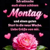 Rosa Herzen und eine pinke Blüte auf schwarzem Hintergrund mit Montagsgruß in pink-weißer Schrift