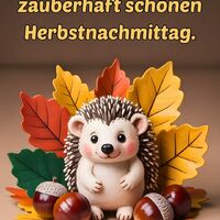 Ein niedlicher Igel umgeben von bunten Herbstblättern und Kastanien lädt zum Herbstzauber ein.
