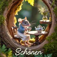 Maus im Baumstamm beim Tee mit Kanne und Blumen; darunter der Gruß: „Schönen Nachmittag!“