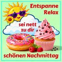Fröhliche Sonne mit Sonnenbrille über einer Wolke, daneben Donut und Cupcake, dazu Grußtext